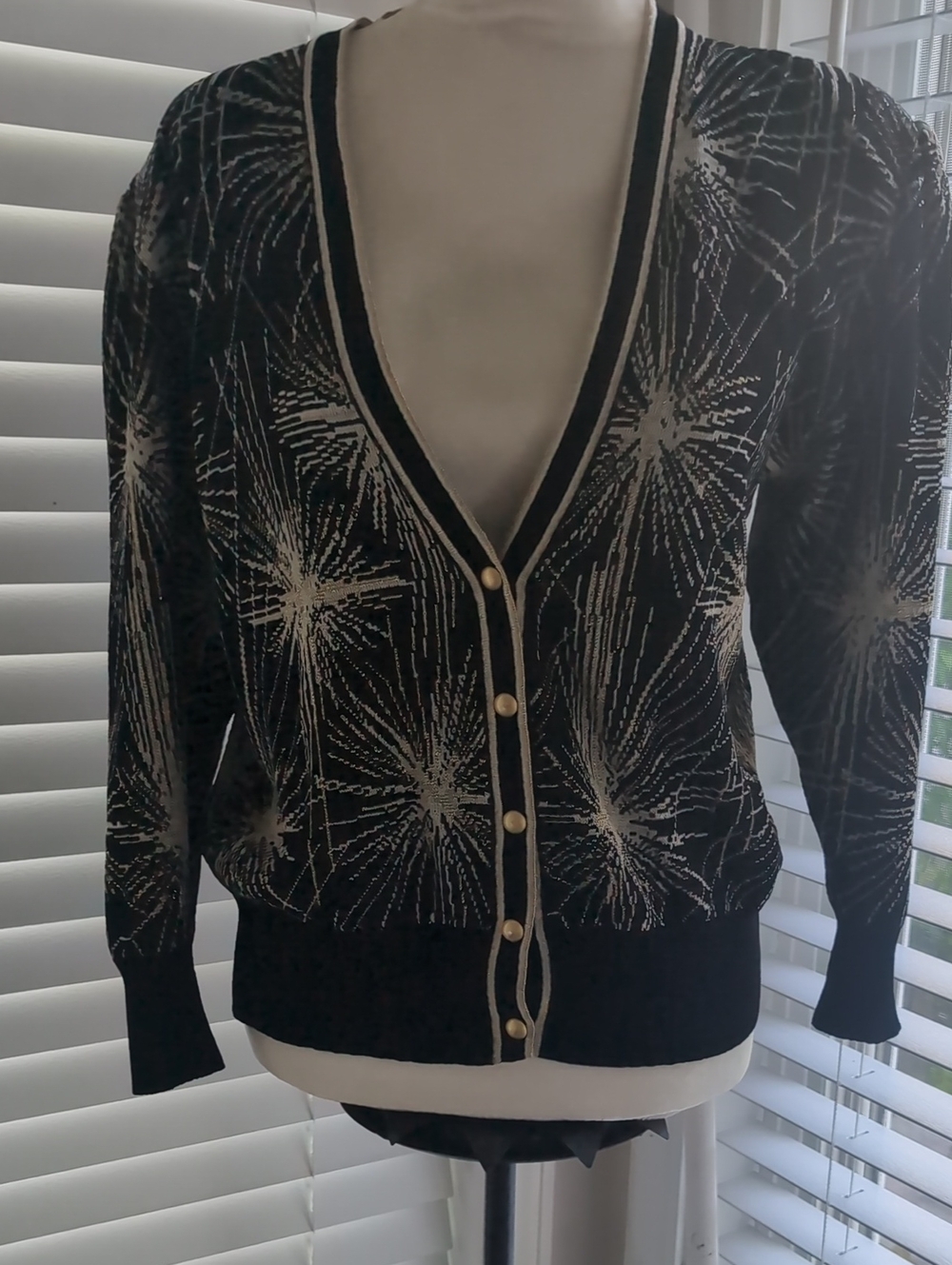 Vintage Hanano Knit Women's Black & White With Gold Metallic Detail Cardigan S/M